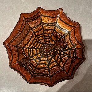 Rare Bath & Body Works Glass Orange Black Spider Web Halloween Bowl Dish Tray